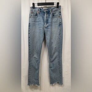 Agolde Riley Jeans Womens Size 24 Buttonfly Blue Straight Leg Cropped Frayed Hem